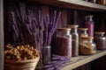 close-up of dried lavender on wooden shelves