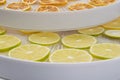 Close-up, dried lemons and fresh chopped green lime in round grids