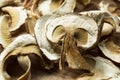 Close up, dried mushrooms, on a wooden table Royalty Free Stock Photo