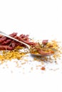 Close up of dried red chili with its flakes or Crushed red pepper isolated on white. Royalty Free Stock Photo