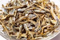 Close up of dried sardines used as seasoning in Japanese foods and cooking.