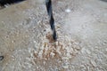 Close-up of the drill head of a cordless screwdriver on wood with sawdust sawdust sawdust screw thread. Detailed view of a wood Royalty Free Stock Photo