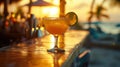 A close up of a drink on the bar with lime wedge, AI