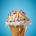 Close up of dripping and melting ice cream cone with vanilla icecream and a waffle cone covered in colorful sprinkles on blue Royalty Free Stock Photo