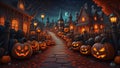 Close up of driveway Town Halloween skeleton pumpkin burial ground night sky scare crow