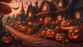 Close up of driveway Town Halloween skeleton pumpkin burial ground night sky scare crow