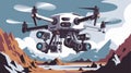Close-up of drone with cameras and sensors scanning terrain.