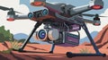 Close-up of drone with cameras and sensors scanning terrain.