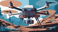 Close-up of drone with cameras and sensors scanning terrain.