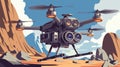 Close-up of drone with cameras and sensors scanning terrain.