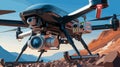Close-up of drone with cameras and sensors scanning terrain.