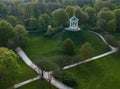 Close up drone shot from the famous Monopteros pavillon in Munich, English Garden Park in spring