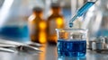 Close-Up of a Dropper Creating Ripples in a Blue Solution Surrounded by Laboratory Equipment and Glassware Royalty Free Stock Photo