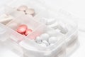 Close-up of drug box with various pills, capsules Royalty Free Stock Photo