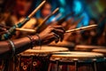 Close-up of a drummer's sticks hitting the drums during a performance. Generative AI