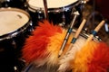 close-up of drumsticks on a custom drum set