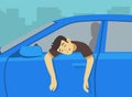 Close-up of drunk driver leaning out of the car window. Character\'s arms hangs down from open window.