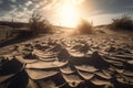 close-up of dry and cracked sand dunes, with the sun shining in the background