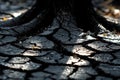 Close-up of Dry, Cracked Soil near Tree Trunk Showing Impact of Harsh Environmental Conditions