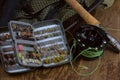 Close-up dry fly fishing accessories Royalty Free Stock Photo