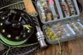 Close-up dry fly fishing tackle Royalty Free Stock Photo