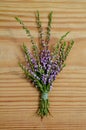 Close up of dry heather bouquet on wood background