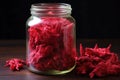 close-up of dry hibiscus petals in a glass jar