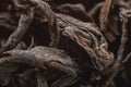 Close-up of a dry leaf of black Ceylon tea in macro. Extreme macro dark tea background