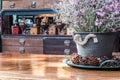 Close up dry Statice flower in pot on wooden table