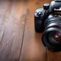 Close up of a DSLR camera with a lens attached, on a wooden table4