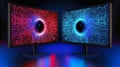 Close up of dual computer monitors displaying code for ai development and predictive analytics