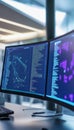 Close up of dual monitors displaying code, emphasizing ai innovation and predictive analytics