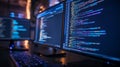 Close up of dual monitors showcasing ai development and predictive analytics through code display