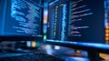 Close up of dual monitors showcasing code for ai development and predictive analytics advancement