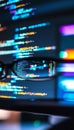 Close up of dual screens showcasing coding for ai development and predictive analytics
