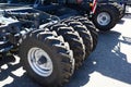 A close-up on dual wheel setup, dual tire of agricultural tractors, farm equipment