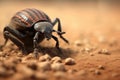 close-up of dung beetle pushing ball on sandy terrain