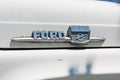 Close up. Dusty Ford F-600 pickup truck chrome emblem