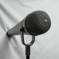 Close-up of a dynamic microphone with a metal mesh grille, mounted on a stand. The Royalty Free Stock Photo