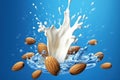 Close up of dynamic splashes of almond milk and flying nuts on a bright blue background. Generative AI