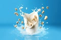 Close up of dynamic splashes of cashew milk and flying nuts on a bright blue background