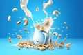 Close up of dynamic splashes of cashew milk and flying nuts on a bright blue background