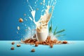 Close up of dynamic splashes of hazelnut milk and flying nuts on a bright blue background