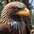 close-up of an eagle, highlighting its piercing eyes and powerful beak against a forest backdrop. Royalty Free Stock Photo
