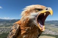 a close up of an eagle with its mouth open