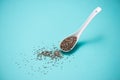 Close-up of ealthy chia seeds in a spoon. Text space.