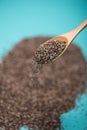 Close-up of ealthy chia seeds in a spoon. Text space. Royalty Free Stock Photo