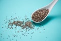 Close-up of ealthy chia seeds in a spoon. Text space. Royalty Free Stock Photo