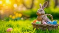 Close up Easter bunny rabbit statuette and basket with easter eggs on the green grass lawn background. Easter egg hunt in the Royalty Free Stock Photo