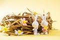 Close up. Easter card. Brown eggs in a nest of straw. Two porcelain bunnies in the foreground. The decor of the felt flowers of Royalty Free Stock Photo